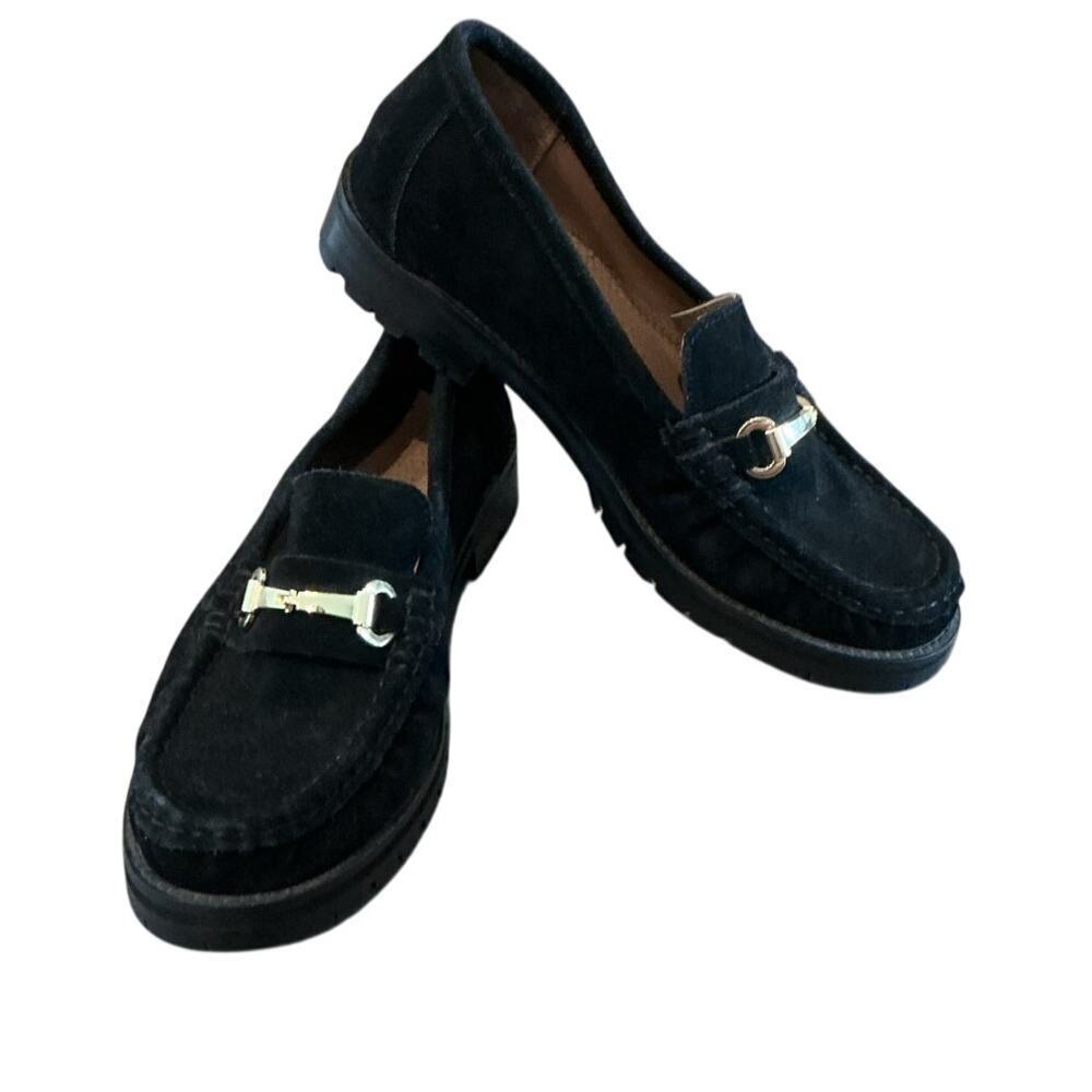ASOS Design Womens Chunky Faux Suede Loafers Size 6 Black Gold Horsebit Lug Sole